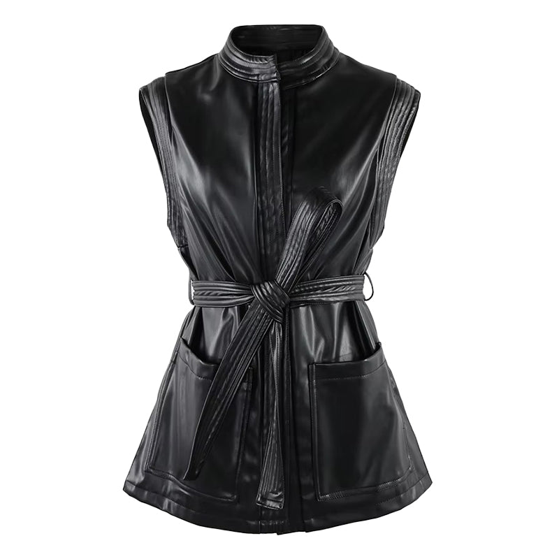 christmas outfit Sonicelife Spring Short Black Soft Pu Leather Vest Women with Side Slit Sashes Stand Collar Luxury Chic Sleeveless Jacket 2025