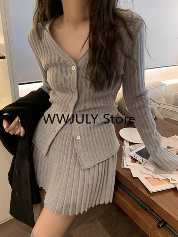 Sonicelife 2025 Autumn Grey Knitted Suit for Women Korean Slim Short Cardigan Top High Waist Fashion Skirt Suit Outfit 2 Piece Set Chic