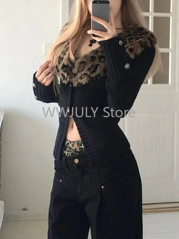 Sonicelife Leopard Cardigan Women Japanese Gyaru V-neck Long Sleeve Streetwear Slim Sexy Cardigan Sweater Y2k Vintage Top Autuam