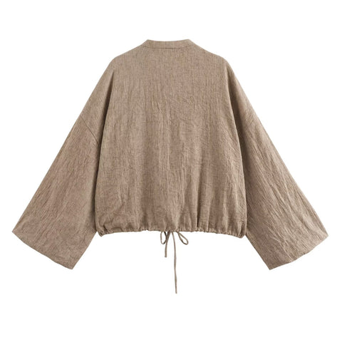 Sonicelife Chinese Style Open Front Tie Up Design Jacket for Women Round Neck Loose Casual Long Sleeved Top New