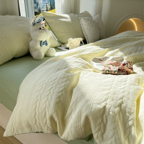 Sonicelife ins Princess Style Bed Four-Piece Set Knitted Washed Cotton Bed Sheet Quilt Cover Set Three-Piece Set Girls Bedding Set