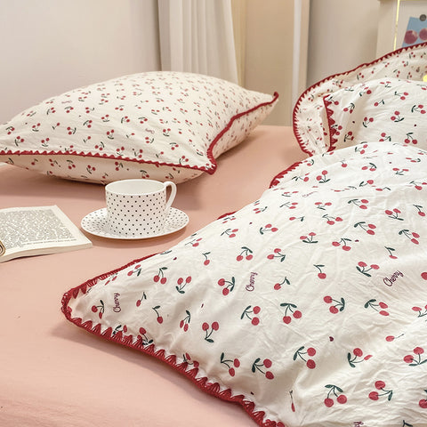 Sonicelife INS Girls Cherry Bedding Set Soft Washed Cotton Bed Sheet Queen King Size Simple Quilt Cover Pillowcase Bed Linens