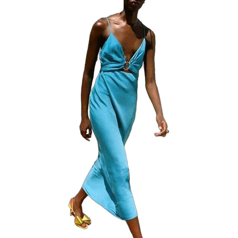 Sonicelife Women's Camisole Skirt with V-neck Sexy and Fashionable Midi Dress Silk Texture Opening Design New