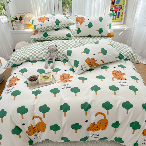 Sonicelife Kawaii Kids Bedding Set Soft Cotton Flat Fitted Sheet Duvet Cover Pillowcases Single Queen Cartoon Boy Girls Dormitory Bed Linen