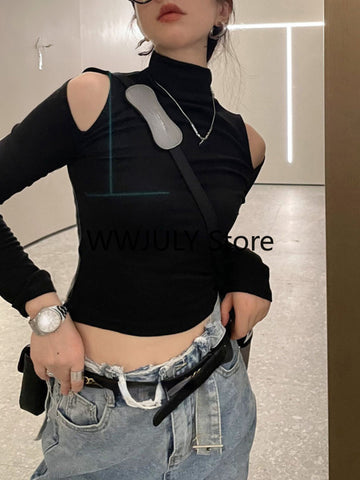 Sonicelife Y2K Vintage Solid Turtleneck T Shirts Women Gothic Sexy Slim Crop Tops Elegant Hollow Out Long Sleeve Bottoming Tees 2025 Autumn