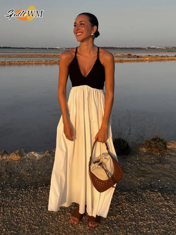 Sonicelife Women Contrasting V Neck Sling Dress Elegant Sleeveless Backless Lace Up High Waist Vestidos New Summer A-line Long Dresses 2025