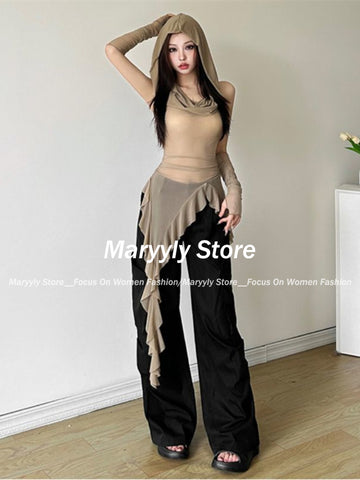 Sonicelife Y2K Vintage 90s Grunge Mesh See Through Hooded Tops Streetwear Irregular Hem Ruffles Hoodie Women Slim Blouse with Cuffs New