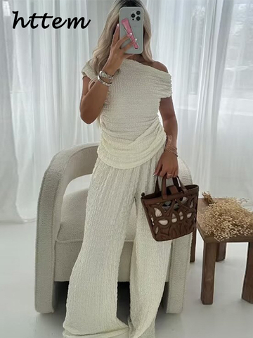 Sonicelife Elegant Asymmetric Fold Top Pant Sets Women Slim Sleeveless Slash Neck Tops Wide Leg Pants 2024 Summer Lady Casual 2 Pieces Set