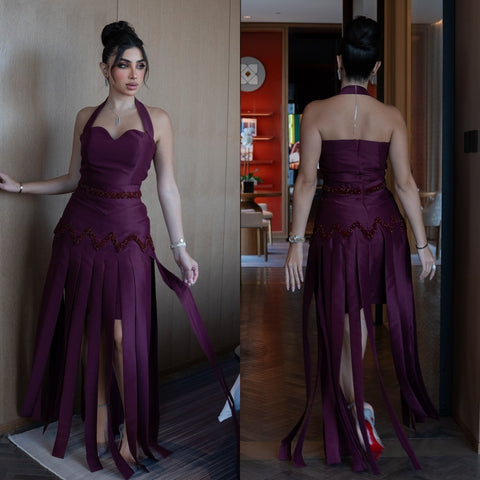 Sonicelife Customized Sexy Classic Beading Sequined Draped A-line Halter Long Dresses Bespoke Occasion Dresses Matching Exquisite Elegant (PRE-ORDER)