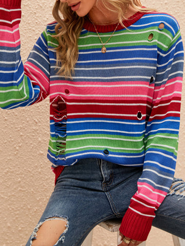 christmas outfit Sonicelife Long Sleeves Loose Contrast Color Hollow Striped Round-Neck Pullovers Sweater Tops