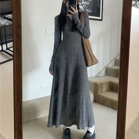 Sonicelife Vintage Long Sleeve Dresses Women Elegant Slim Knitted Basic Long Dresses Autumn Winter New Warm All Match Female Base Vestidos
