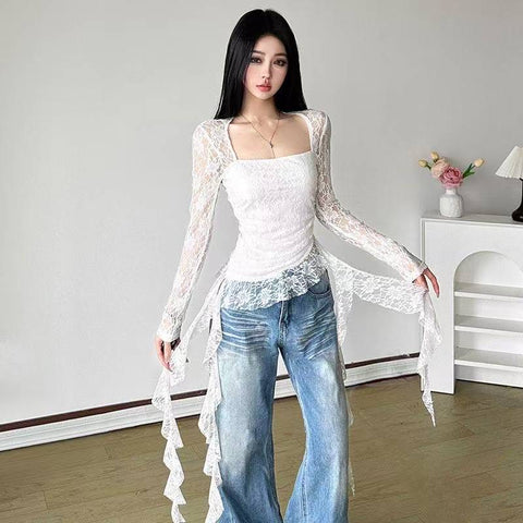 Sonicelife Spicy Girl Fairy Style Lotus Leaf Edge Square Neck Thin Long Sleeve White T-shirt Women Top Mesh Sexy Irregular Slimming Y2k Top