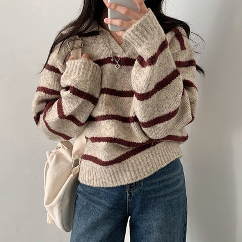 christmas outfit Sonicelife Large size Korean style lapel slimming contrast striped sweater women's winter long-sleeved loose pullover sweater y2k tops