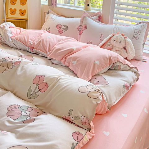 Sonicelife Floral Bedding Set Ins Korean Style Girls Full Queen Size Duvet Cover Flat Sheet Pillowcase No Filler Soft New Home Bed Linens