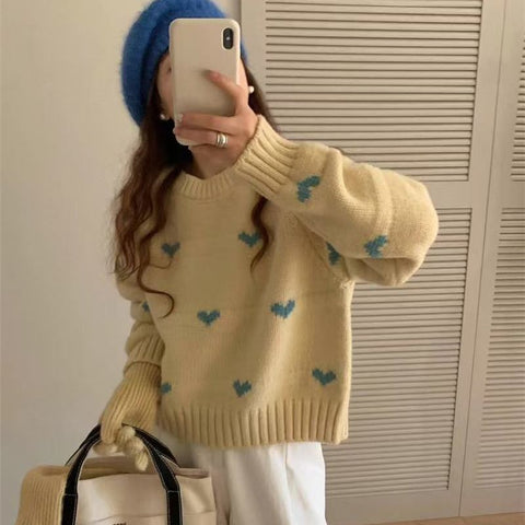 christmas outfit Sonicelife Love jacquard sweater for women in autumn and winter, loose, soft, lazy, high-end  short knitted sweater for little people