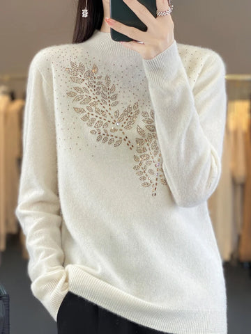 christmas outfit Sonicelife Women Autumn Winter Pure Wool Thickening Sweater Half-high Collar Leaf Studded with Diamonds Pullover Female Knitted Basis Top