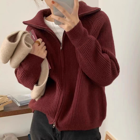 Sonicelife Vintage Zipper Women Cardigan Sweaters Korean Casual Long Sleeve Lazy Wind Knitted Coat Fall Retro Turn Down Collar Tops