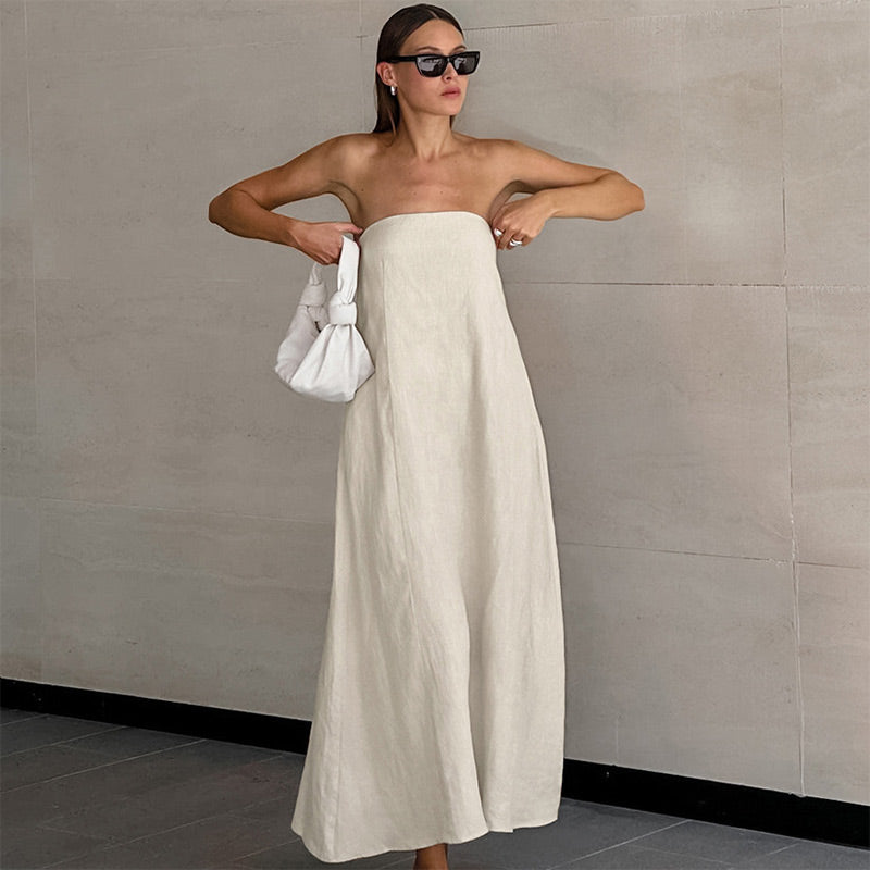 Sonicelife Elegant Pleated Strapless Long Dress Women Loose Off Shoulder Sleeveless Backless Party Dresses 2024 Summer Lady Holiday Robes