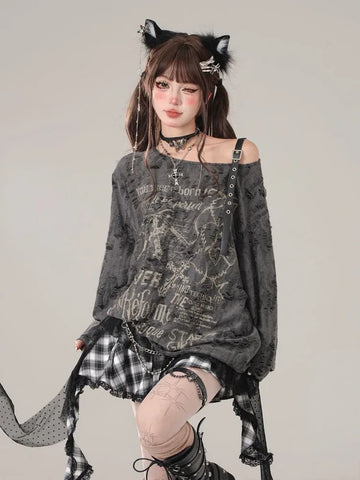 Sonicelife Sexy Hollow Out T Shirt Women Gothic Goth Grunge Dark Off Shoulder Tees Streetwear Letter Print Fashion Tops Autumn