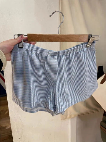 Sonicelife Sexy Blue Striped Bra Shorts Set Women V-neck Slim Home Pajama 2 Piece Sets Sweet Cute Cotton Bras with Straight Sweatshorts New