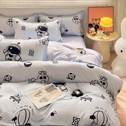 Sonicelife Ins Cartoon Astronaut Bedding Set Soft Flat Sheet Duvet Cover Pillowcase Polyester Bed Linen Twin Queen Full Size Quilt Cover