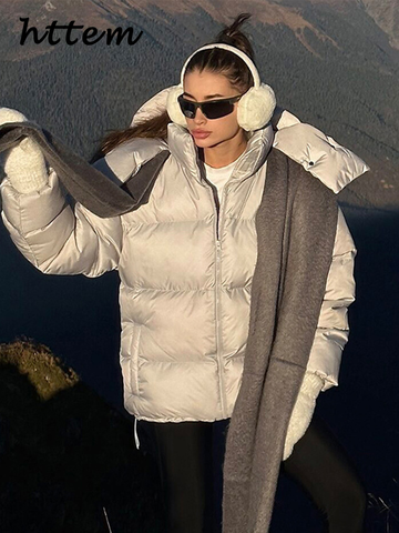 Sonicelife Fashion Women's Hooded Down Jacket Loose Stand Collar Zipper Pocket Female Puffer Jackets 2024 Winter Lady Solid Street Coats