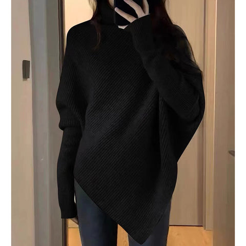 Black Friday Sonicelife Irregular Knit Pullover Women Fashion Lazy Loose Solid Elegant Turtleneck Sweater Chic Vertical Pit Strip Harajuku Y2K Jumpers