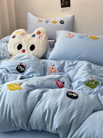 Sonicelife Korean Style Fresh Bedding Set Water Washed Cotton Cute Towel Embroidered Duvet Covers, Bed Sheets, Dormitory