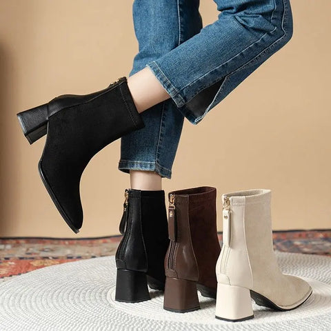 Sonicelife Fashion Thick Heel Short Boots  2025  Winter New Square Headed Suede Short Boots Women Plush Warm High Heels  Boots