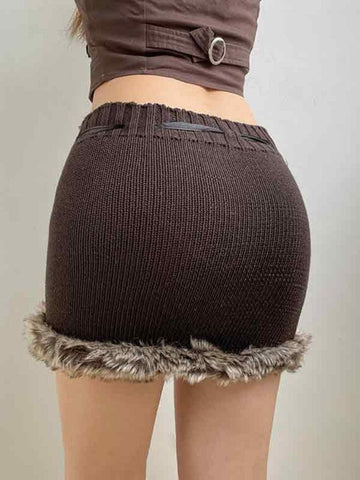 Sonicelife-Plush Hem Ribbon Lace Up Mini Skirt