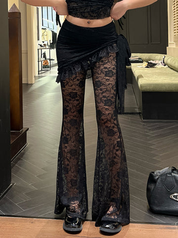Sonicelife Gothic Dark Lace Pants Women Vintage Y2k Streetwear Emo Sexy See Through Velevt Patchwork High Waist Flare Pants Female