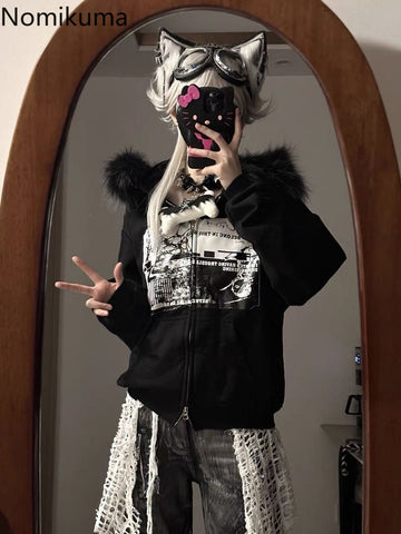 Sonicelife Hoodie Women's Hooded Fashion Sweatshirts Tops Korean Casual Y2k Jackets 2025 Ropa Mujer Streetwear Print Zipper Hoodies Coat