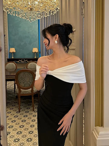 Sonicelife Elegant Pleated Patchwork Off-the-shoulder Maxi Dress Chic Sleeveless Slim Fit Open Fork Gown New Female Party Club Dresses 2025