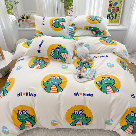 Sonicelife Kawaii Kids Bedding Set Soft Cotton Flat Fitted Sheet Duvet Cover Pillowcases Single Queen Cartoon Boy Girls Dormitory Bed Linen