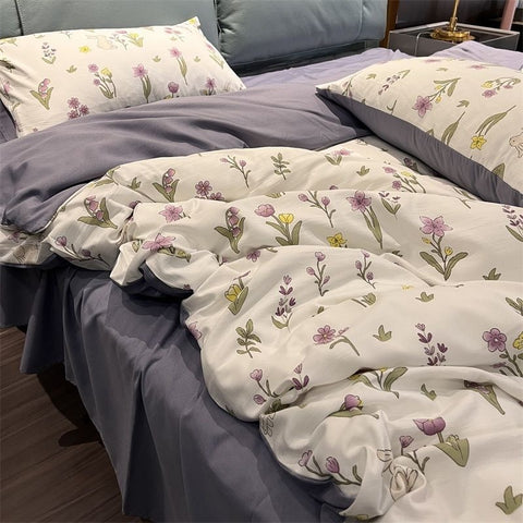 Sonicelife Ins Purple Flower Bedding Set Washed Cotton Bed Sheet Pillowcase Quilt Cover Simple Kids Adult Floral Duvet Cover No Filler