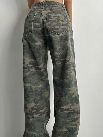 Sonicelife Camouflage Cargo Pants Women Y2K Streetwear Low Rise Jeans Retro Wide Leg Trousers Denim Straight Trousers Harajuku