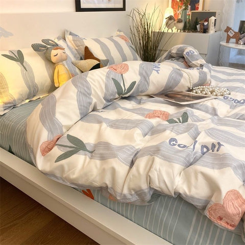 Sonicelife Ins Nordic Pastoral Style blue Floral Duvet Cover With Pillow Case Princess Bed Sheet Kids Girls Bedding Set King Queen Cute