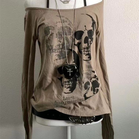 Sonicelife Gothic Vintage Print Long Sleeve T Shirts Women Clothes Harajuku Diamond Black Tees Bandage Casual Fashion T-shirt Y2k Tops New