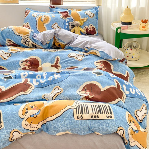 Sonicelife Cute Dog Bedding Set New Design Girls Ins Duvet Cover with Zipper No Filler Flat Sheet Pillowcase Queen Size Bed Linens