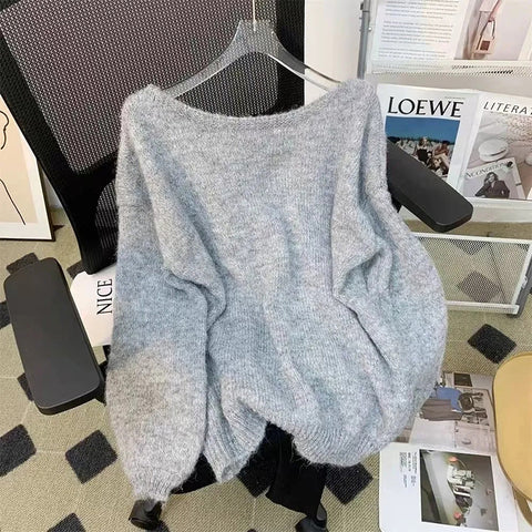 Black Friday Sonicelife Bow Sexy Backless Women Sweater Knitted Reversible Gray Loose Lazy Chic Pullover Simple Harajuku Sweet Student Jumpers