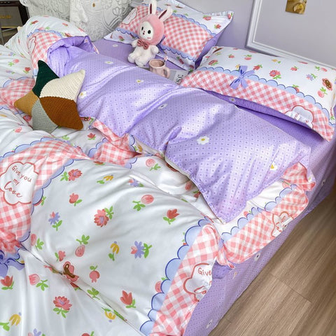 Sonicelife Princess Style Bedding Set Girls Twin Queen Full Size Duvet Cover Set Bed Flat Sheet Pillowcase Kids Adult Pink Letter Bed Linen