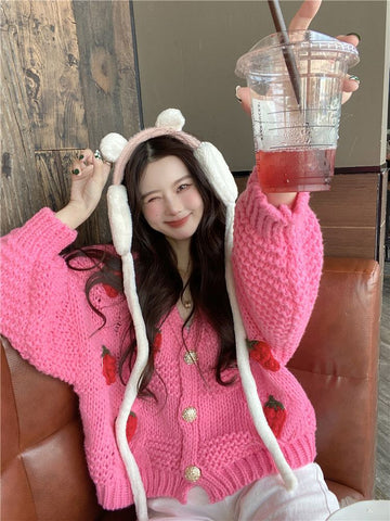 Sonicelife 3D Strawberry Sweet Cardigan Women Loose Long Sleeve Fashion Knitted Sweaters Korean Lazy Wind Casual Female Soft Cardigans