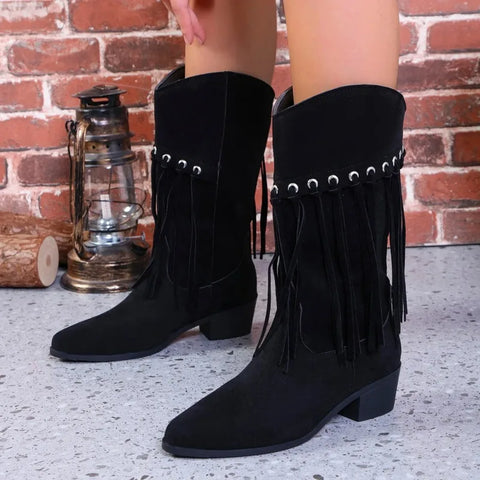 Sonicelife New Women Vintage Fringe Boots Low Chunky Heel Pointed Toe Winter Boots High Quality Female Western Cowboy Boots Platform Shoes