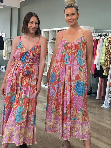 Sonicelife Elegant Flowers Pleated Loose Casual Robes Women Printed Sleeveless Backeless Sling Maxi Dresses Chic Vacation Vestdios 2025 New