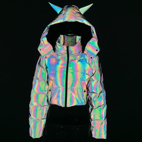 Sonicelife Women Winter Reflective Long Parkas Down Thick Oversize Outcoats Cool Bling Luminous Hooded Down Jacket Chaquetas Mujer Invierno