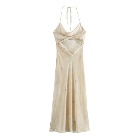 Sonicelife Women's Hanging Neck Sling Dress with Hollow Back, Sexy Silk, Satin Texture, Printed Long Dress, New