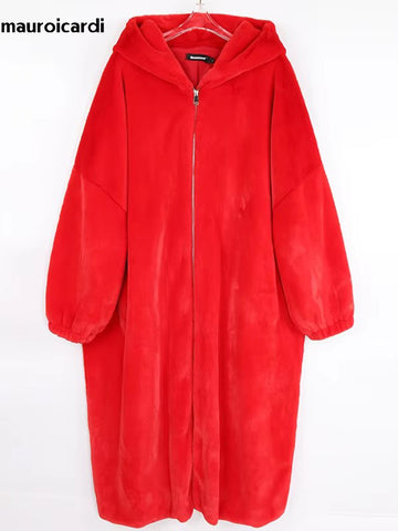 christmas outfit Sonicelife Spring Winter Long Oversized Red Warm Fluffy Faux Fur Coat Women with Hood Zipper Loose Casual Furry Overcoat 2025