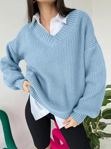 Black Friday Sonicelife Casual Knitted V-neck Sweaters Women Vintage Loose Solid Thin Pullover Sweater Female Autumn Soft Chic Daily Street Outwear