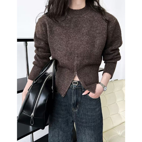 Sonicelife Retro Design Zipper Sweaters Women Casual Korean Loose Long Sleeve Knitted Pullovers Vintage Simple Solid Female Jumper Top