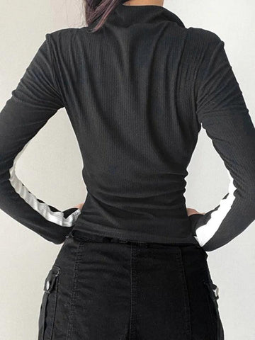 Sonicelife-Contrast Color Splice Zipper Collar Neck Long Sleeve Knit